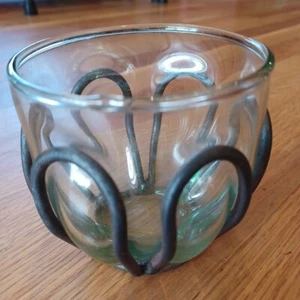 VTG Hand Blown Green Glass Wrought Iron Metal Cage Candle Holder Vase - Picture 1 of 7