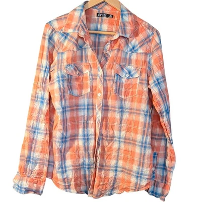 Cruel Western Plaid Button Up Shirt Peach Blue Women's XL Casual - Image 1 of 4