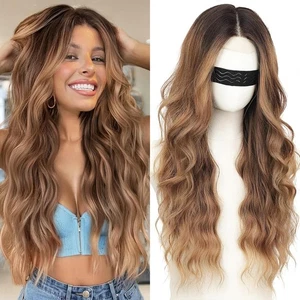 Long Brown Mixed Blonde Wavy Wig 4x1 Lace Natural Hairline Middle Part Curly ... - Picture 1 of 7