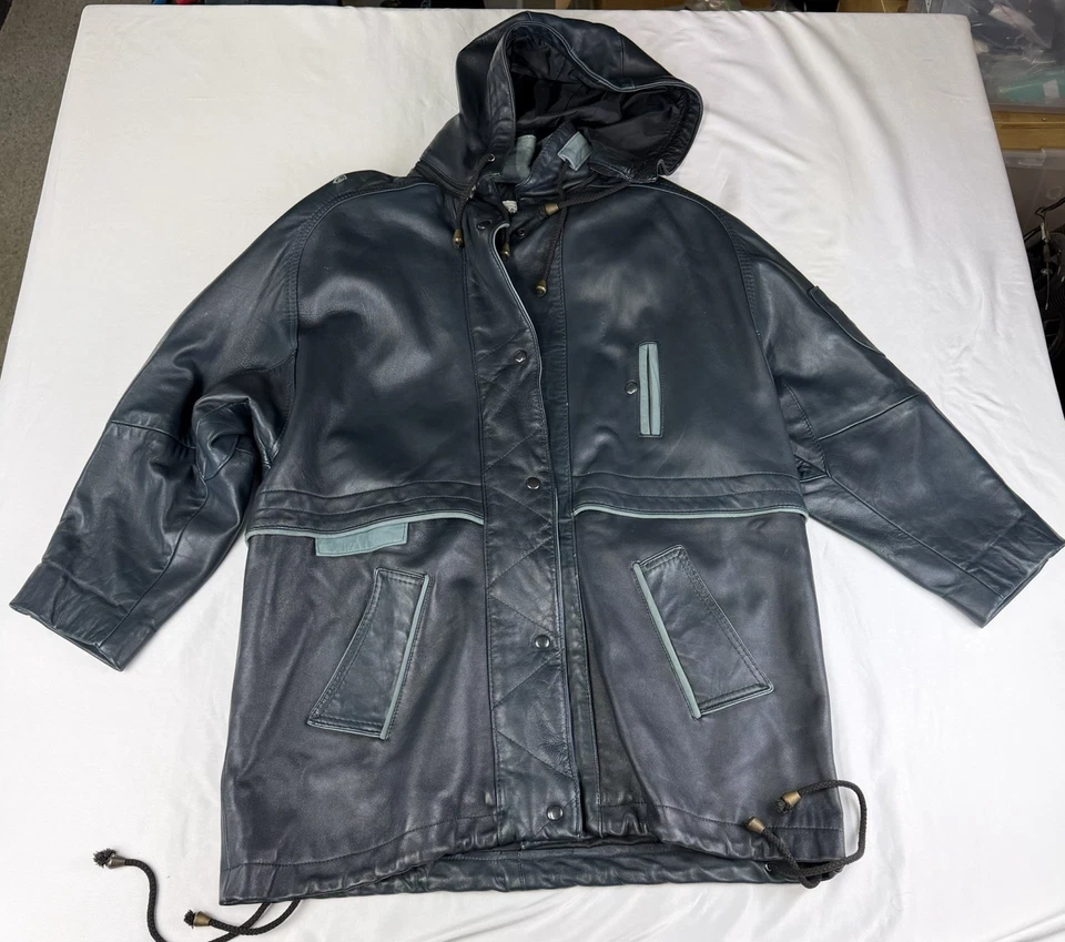 Florence vintage Blue/black leather zip up jacket lined made in Australia XLarge - Image 1 of 4