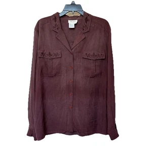 Silk TESS Blouse Lg Long Sleeve Button Up Embroidered Classic Plum - Picture 1 of 5