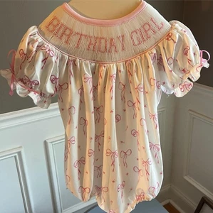 Handsmocked Heirloom Pink Bows Birthday Girl Bubble Outfit Size 12 Mo - Picture 1 of 3