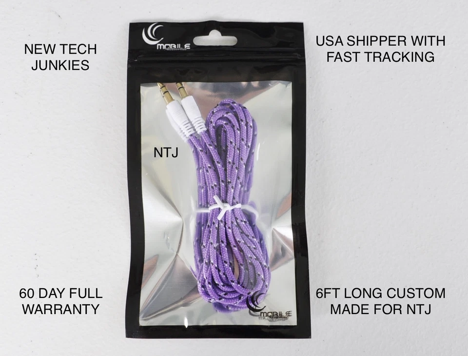 Cable auxiliar de audio estéreo macho trenzado de 6 pies de largo de 3,5 mm para iPhone 5 6 plus Foto 1 de 4