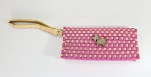VTG Plastic Woven Clutch / Purse / Wallet w/ Strap - Pink & Ivory Check w/ Dog - Picture 1 of 14