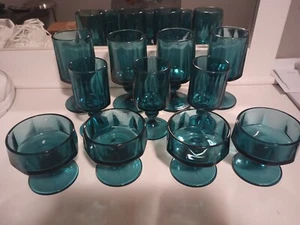 Set of 11 Vintage Colony Nouveau Riviera Blue Teal Octagonal Water Goblet Glass - Picture 1 of 12