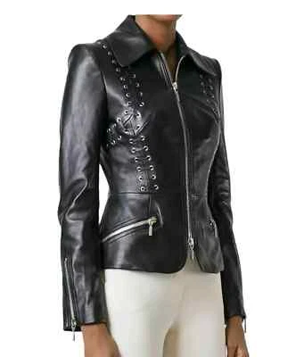 Abrigo negro chaqueta de motociclista de cuero de encaje elegante de piel de cordero genuina para mujer Foto 1 de 4