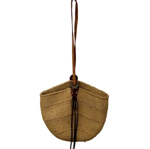 Vtg Woven Market Bag Bucket Style Leather Straps Brass Accents Boho Hippie Beach - Picture 1 of 11