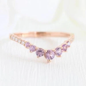 Real Pink Sapphire 0.90Ct Round Band Engagement Ring 14K Rose Gold Plated Silver - Picture 1 of 10