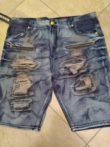 Men Blue Ink Denim Shorts by Makobi Distressed & Ripped Gold Accents Size 42 - Picture 1 of 6