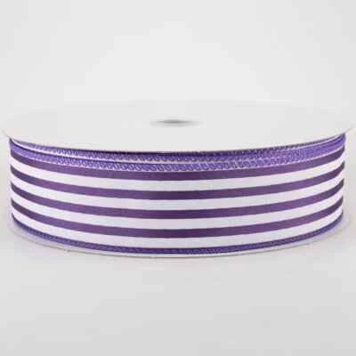 Cabana Stripes Wired Ribbon: White on Purple (10Yards) - Image 1 of 2