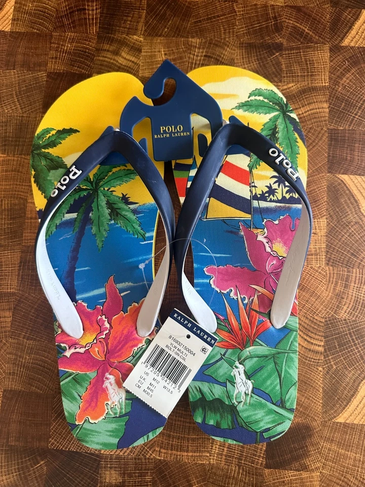 Chanclas tropicales Polo Ralph Lauren Bolt playa para hombre talla 12 amarillo tropical Foto 1 de 4