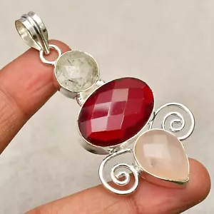 Garnet Gemstone 925 Sterling Silver Handmade Jewelry Pendant 2.48" - Picture 1 of 8