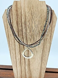 Seed Bead Multi-Strand Choker Necklace in Silver Pendant Brown, Silver & Clear  - Picture 1 of 7