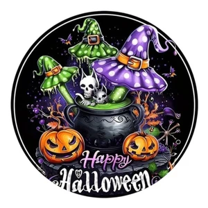 Targa circolare 3D Happy Halloween alluminio decorazione tavolo parete interno ed esterno - Foto 1 di 9
