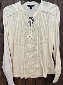 Lauren Ralph Lauren Medium Embroidered Jersey Tie Neck Top Winter Cream NWT - Picture 1 of 12