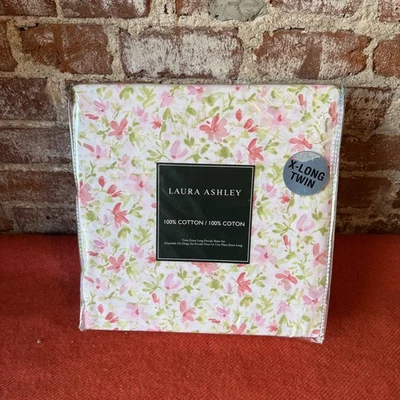 Laura Ashley Fawna Raspberry Green Floral Cotton Percale TWIN XL Sheet Set 3pc - Image 1 of 4