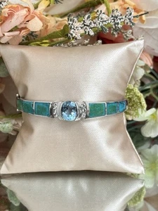 Sterling Silver Ladies Blue Topaz Turquoise Inlay Bangle Bracelet 7” - Picture 1 of 8