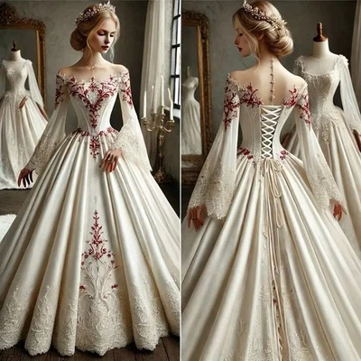 Vintage Victorian Wedding Dresses Long Sleeves Lace Applique Corset Bridal Gowns - Image 1 of 4