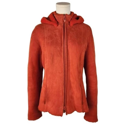 VALE LA PENA Abrigo Chaqueta Capucha Extraíble Cuero Gamuza Naranja Forrado con Cremallera Piel de Oveja Talla 6 Foto 1 de 4
