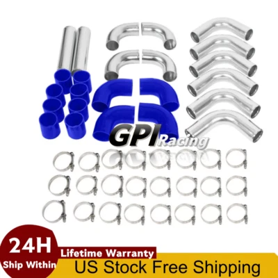 2.5" 12pcs Aluminum Universal Intercooler Turbo Piping Blue hose T-Clamp Kits - Image 1 of 4