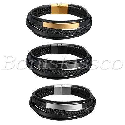 Brazalete brazalete multicapa de cuero trenzado de acero inoxidable para hombre grabado sin Foto 1 de 3