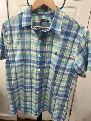 Camisa Para Hombres IZOD Lino Madras Tejida Azul A Cuadros Manga Corta Botón Talla Mediana Foto 1 de 4