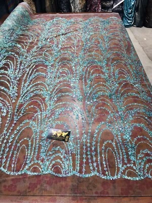 GREEN SHINY GLITTER WAVE DESIGN ON A printed MESH-PROM-SOLD BY THE YARD. - Image 1 of 4