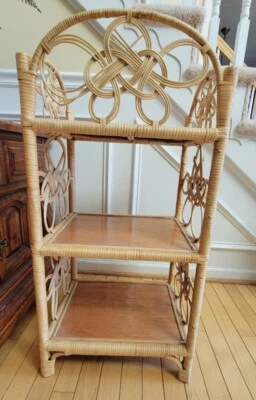 Boho Vintage Rattan Wicker Bamboo Three Tier Decorative Shelf - Image 1 of 4