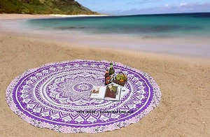 Indian Hippie Beach Throw Bohemian Yoga Mat Decor Round Mandala Purple Tapestry - Picture 1 of 2