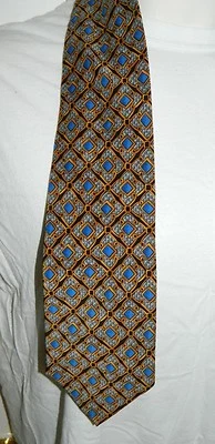 Gravata Christian Dior Monsieur vintage seda azul ouro padrão geométrico gola longa larga - Imagem 1 de 4