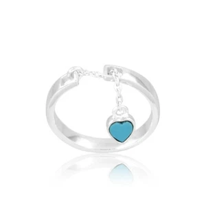 Chain Heart Charm Pull Through Ring in Sterling Silver & Blue Turquoise Gemstone - Picture 1 of 7