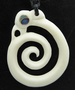Maori Hand Carved New Zealand Water Buffalo Bone Paua Shell Koru Spiral Pendant