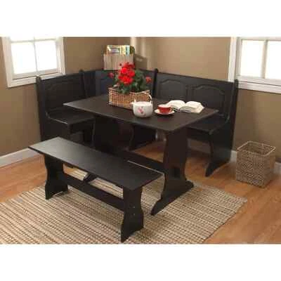 3 pc Black Wooden Breakfast Nook Dining Set Corner Booth Bench Kitchen Table - Image 1 of 4