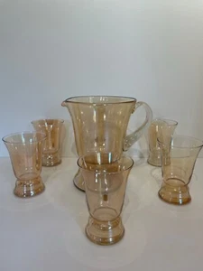 Vintage glass jug pitcher 5 glasses set lemonade water Gold lustre VGC - Picture 1 of 9