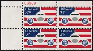 US USA Sc# C90 MNH FVF PLATE # BLOCK Plane Globes Map Flag Airmail - Picture 1 of 1