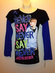 Justin Bieber Beliebers Long Sleeve Shirt Slim Boyfriend Baby blue/black - Picture 1 of 4