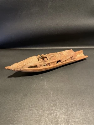 Antique Chinese Hand Carved Wood Bamboo River Boat Figurine - Image 1 of 4