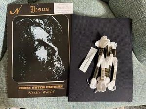 Jesus Face - by Ronnie Perez/Needle World chart + Black Aida and floss - NEW - Picture 1 of 2
