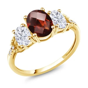 10K Yellow Gold Garnet White Moissanite and Diamond Accent 3-Stone Engagement - Picture 1 of 5