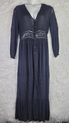 Maxi Vestido Boohoo Talla 12 Negro Arrugado Con Botones Encaje Borde Bruja Capricho Gótico Boho Foto 1 de 4