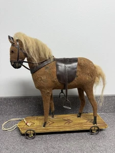 Antique 14”Horse with Glass Eyes on Wooden Wheels on Platform Natural Hair Blend - Picture 1 of 13