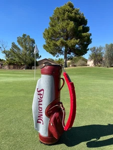 Spalding 14-Wege Cart Golftasche - weinrot/grau Leder Vinyl rot weicher Riemen MASSIV - Bild 1 von 8