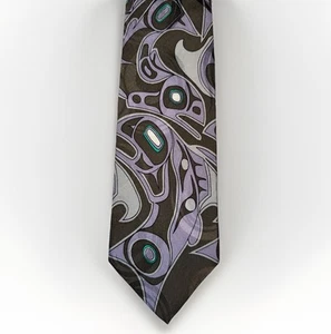 DI GRAVATTE Native Pacific Northwest Orca DESIGN * 100% SILK Grey Purple Teal - Picture 1 of 4