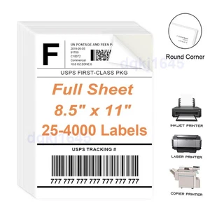 25-40008.5x11 Full Sheet Shipping Labels Self Adhesive Round Corner Laser/Inkjet - Picture 1 of 6