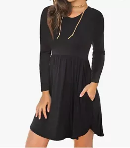 Longyuan Long Sleeve Casual Loose Fit Swing Dress Size Medium Pockets Black - Picture 1 of 10