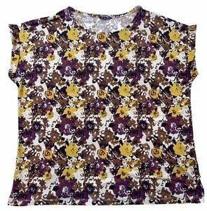 George Top Women Size XL Maroon Yellow Floral Short Sleeve - Picture 1 of 8