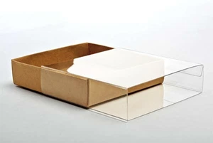 5 Flat Kraft Paper Box Bases + Clear Sleeves; 3 3/4" x 1" x 5 3/8" Boxes. - Picture 1 of 3