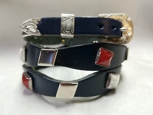 AMERICAN HATBAND Dark BLUE Leather w/ RED, WHITE & SILVER CONCHOS and Buckle Set - Picture 1 of 16