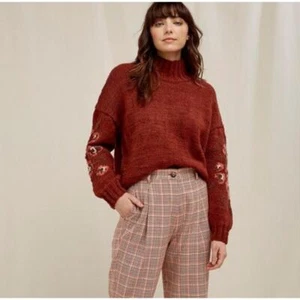 People Tree braun kastig Blumenärmel Fair Trade Handarbeit 100% Wolle Pullover S - Bild 1 von 10