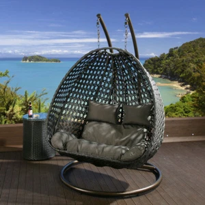 Double Seater Hanging Pod Chair - Black Wicker Dark Grey Cushions - Available - Picture 1 of 1